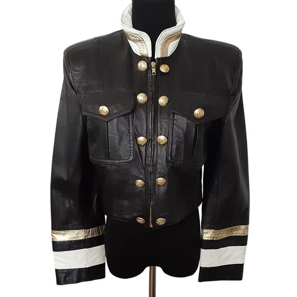 Rosenthal Black Leather Jacket Boxy Cropped Military Full Zip Band Jacket Size M